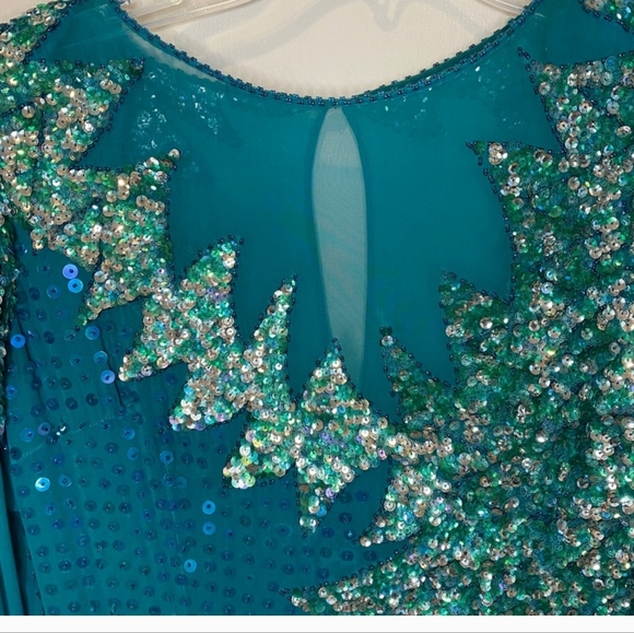 Vintage Landa Aqua Green Silk Sequin Beaded Long Evening Gown - Picture 5 of 9